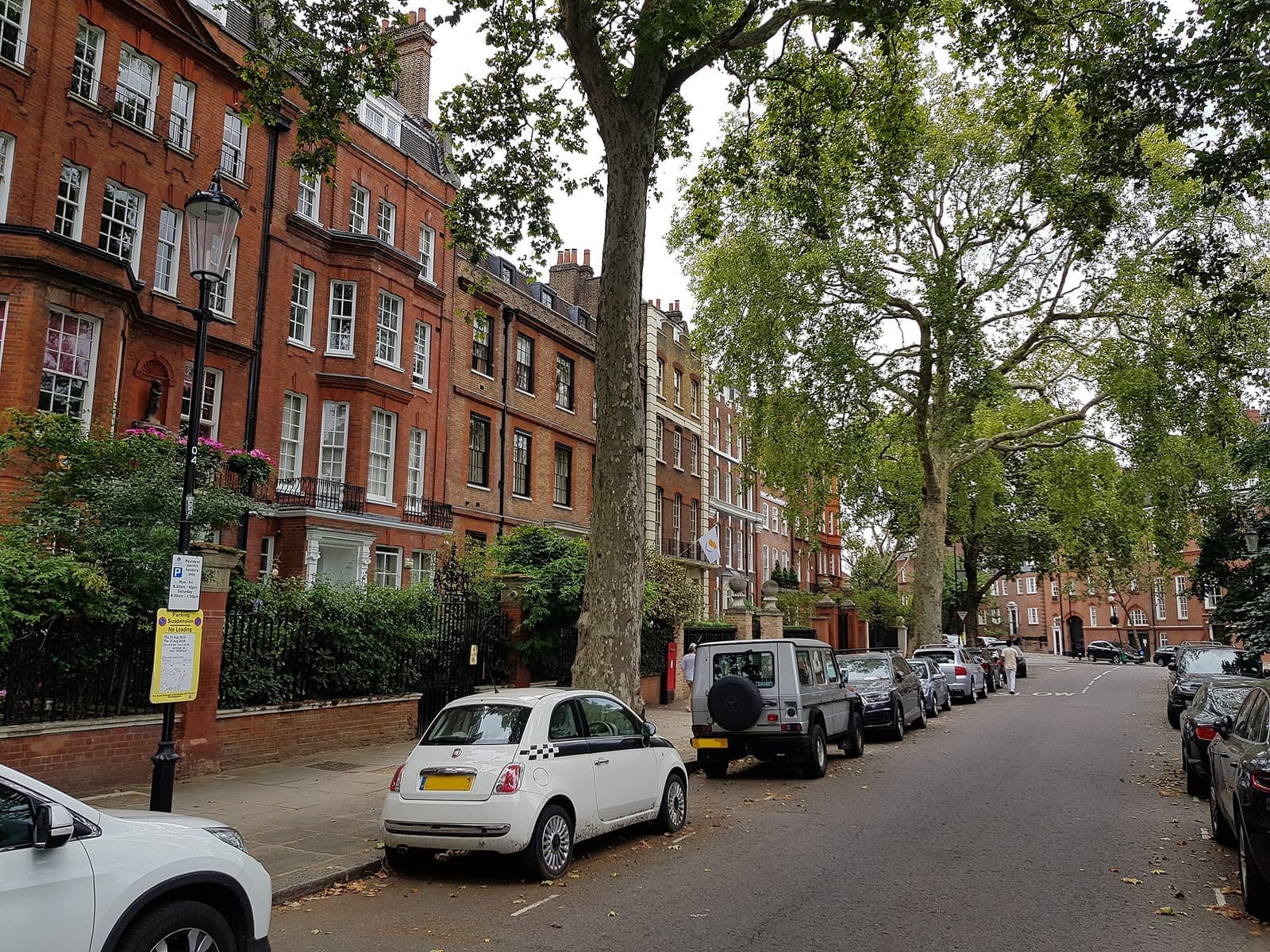 Red-brick mansion blocks and plane trees on Cheyne Walk, Chelsea