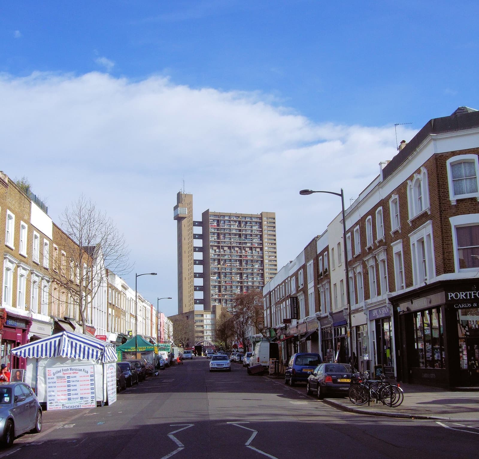 Trellick Tower rising above Golborne Road, North Kensington